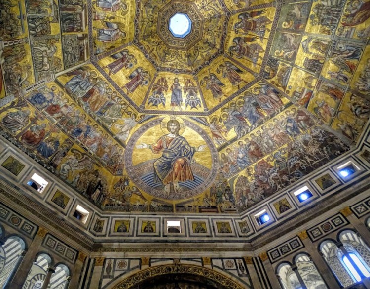 View of the Brunellesci's Baptistry, Florence showing the stunning guilded ceiling