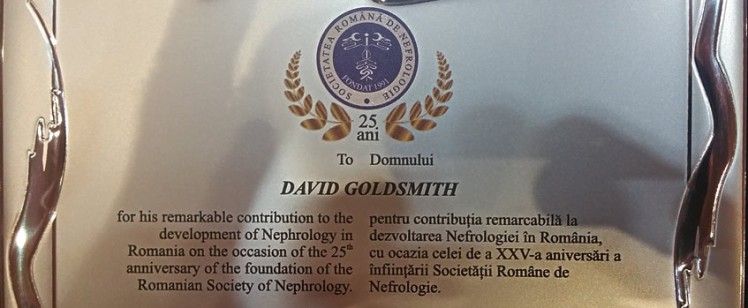 Professor Goldsmith honoured at 25th Romanian Society of Nephrology meeting