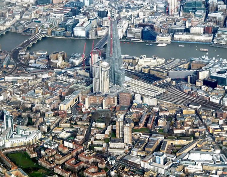 Arial view of The Shard and the River Thames in the background